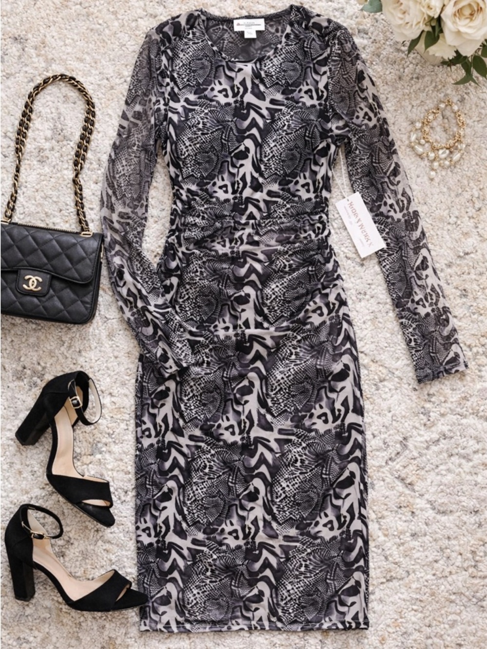 Karen Kane Animal Print Midi Dress Ruched Stretch Size S